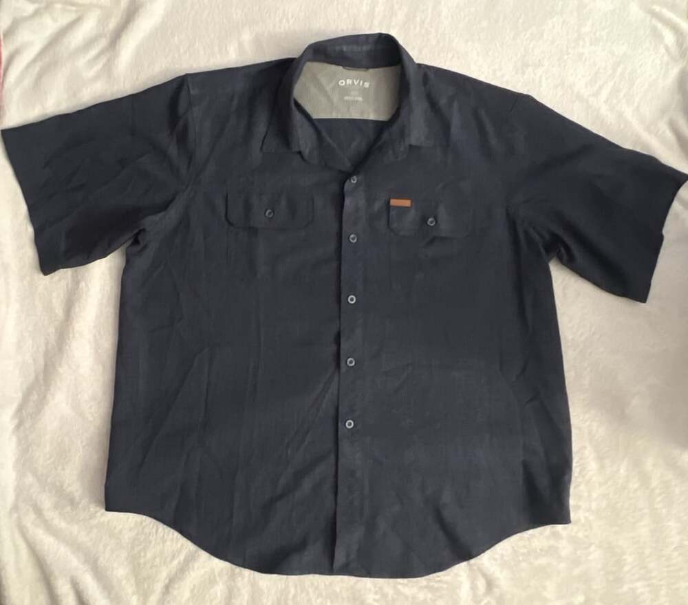 Orvis Classic Collection Men's Navy Blue Short Sleeve Button Down Tech Shirt XXL
